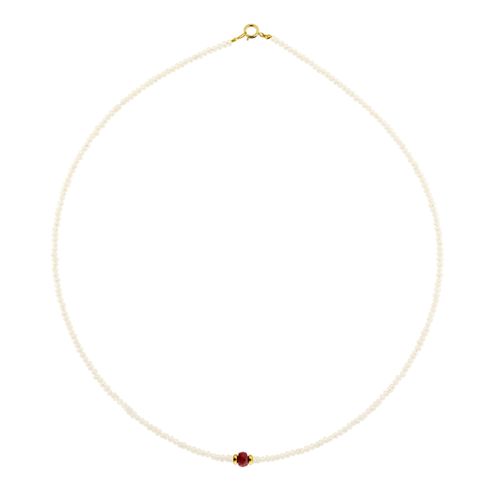 Kolie_margaritaria_roubini_gold_K14_1 PEARL NECKLACE WITH RUBY KOLM20 - Image 1